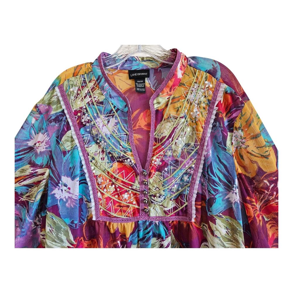 LANE BRYANT Plus 22 24 Babydoll Blouse Semi Sheer Multicolor Embellished Bust 50 - Picture 2 of 8